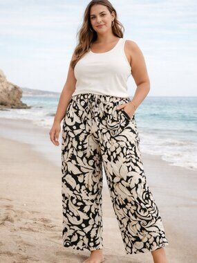 Lane Bryant Linen Blend 16 XL Wide Leg Pants Floral Black Cream Bohemian Relaxed